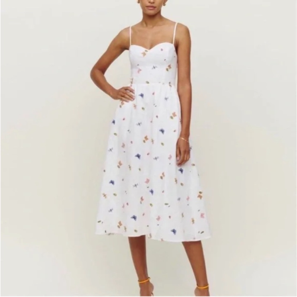 Reformation White Linen Zander Ladybug embroidered midi dress sz 2